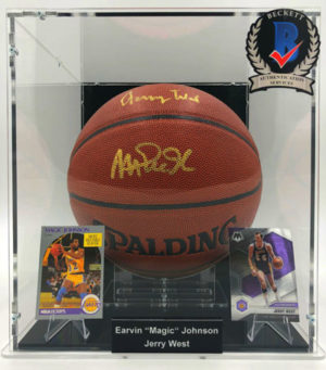 MAGIC JOHNSON & JERRY WEST Signed Basketball Showcase (Los Angeles Lakers), Tack Soft