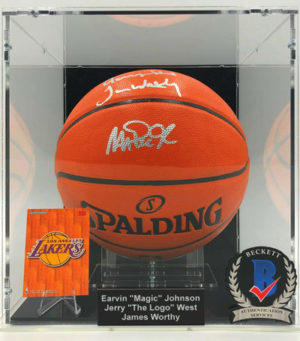 MAGIC JOHNSON & JERRY WEST & JAMES WORTHY</br>Basketball Showcase (Los Angeles Lakers)</br>signed basketball, Game Ball