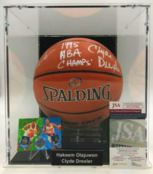 HAKEEM OLAJUWON & CLYDE DREXLER Basketball Showcase (Houston Rockets) signed basketball, Super Tack Pro