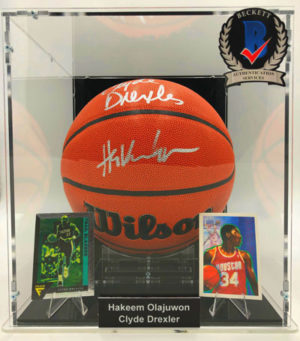 HAKEEM OLAJUWON & CLYDE DREXLER Basketball Showcase (Houston Rockets) signed basketball, Wilson Authentic