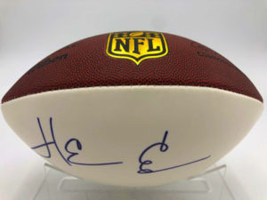 TEDY BRUSCHI & HERM EDWARDS (New England Patriots & Philadelphia Eagles) signés Football Américain, NFL « The Duke » Game Ball